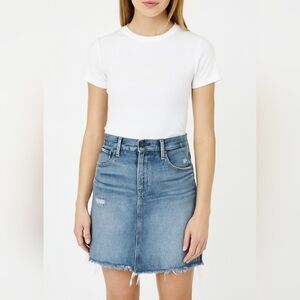 ABLE Denim Mini Skirt Distressed Raw Hem Jean Skirt. Medium Wash. Size 29